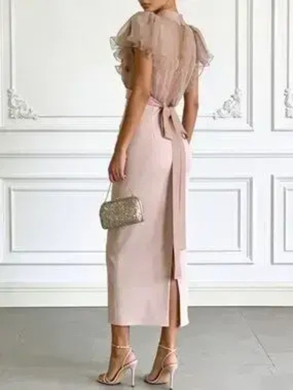 Sheer Ruffle Sleeve Midi Dress - Picture 2 of 4